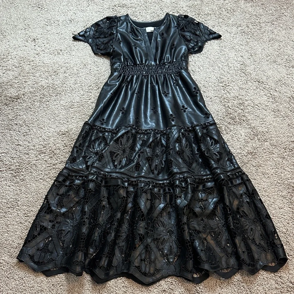 ANTHROPOLOGIE Women’s The Somerset Maxi Dress Faux Leather Embroidered Edition M - Picture 4 of 15